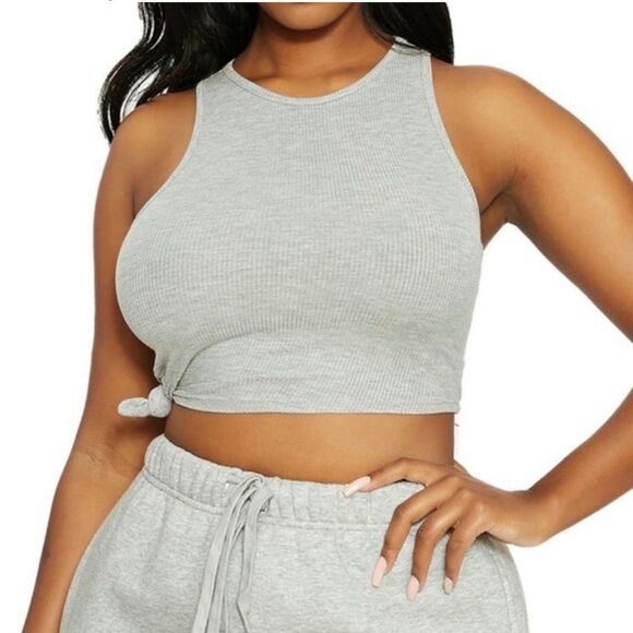 naked wardrobe Tops - NAKED WARDROBE x LORI HARVEY SIDE TIE CROPPED RIB TANK SIZE L GREY